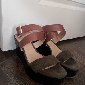 Veronica Beard Brown Leather & Olive Suede Platform Sandals